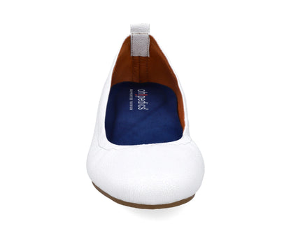 Front view of White Full-Grain Leather Ballet Flats with a semi-round toe and BLUE ComfortFlex orthotic for feet without problems.