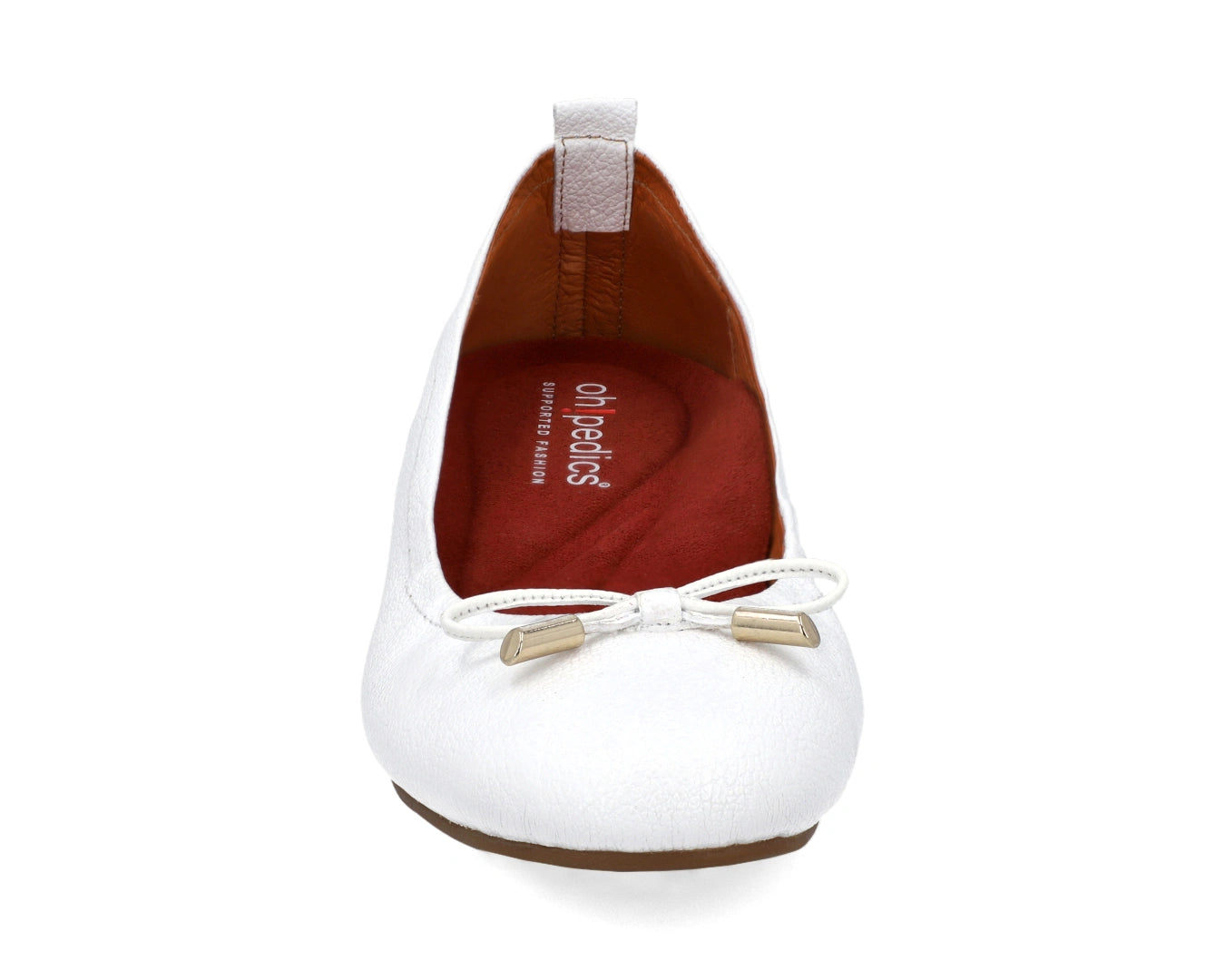 Front view of White full-grain leather ballet flats with a semi-round toe and RED Arch Support orthotic for flat feet, calcaneal spurs, and plantar fasciitis and 24k-gold-plated-bows.