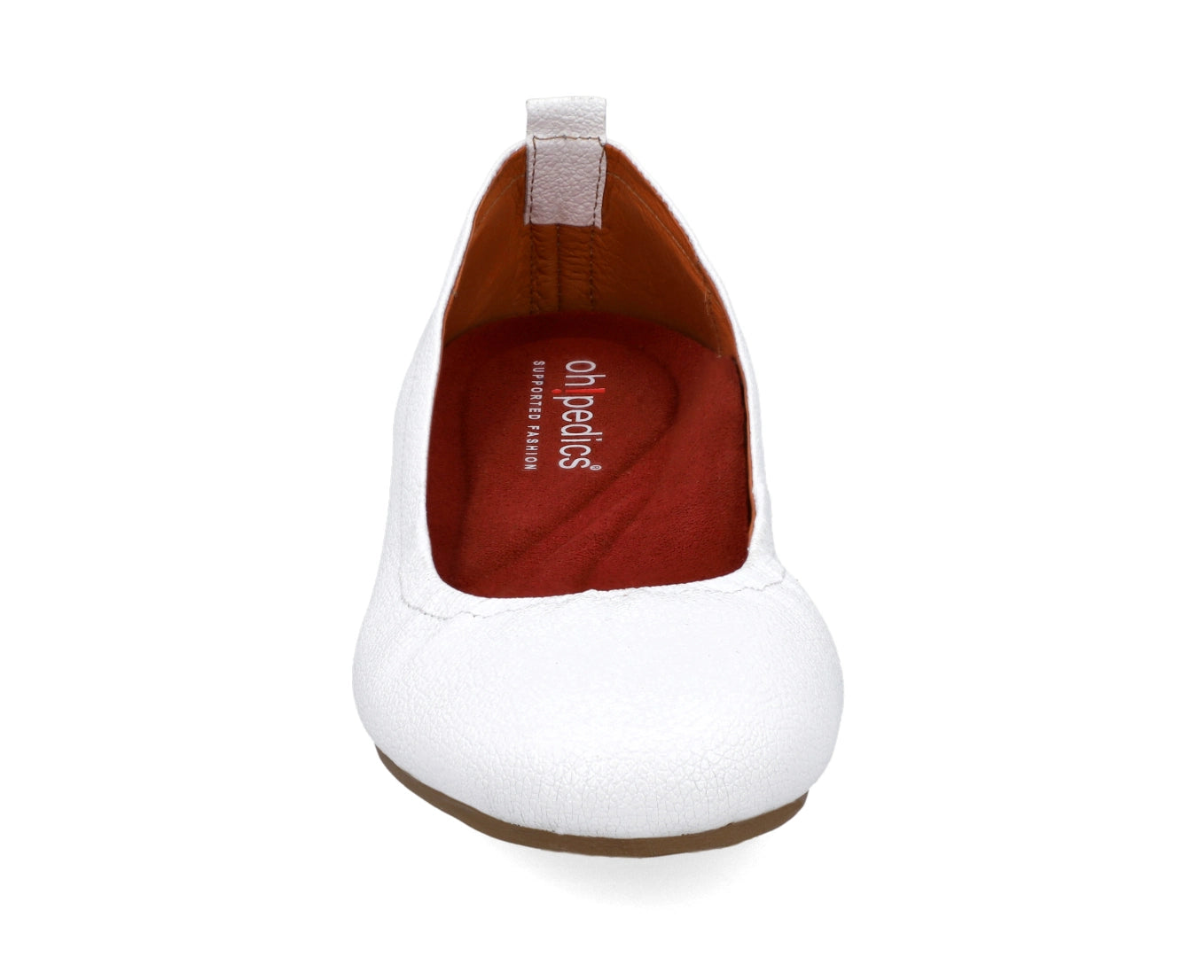 Front view of White Full-Grain Leather Ballet Flats with a semi-round toe and RED Arch Support orthotic for flat feet, calcaneal spurs, and plantar fasciitis.