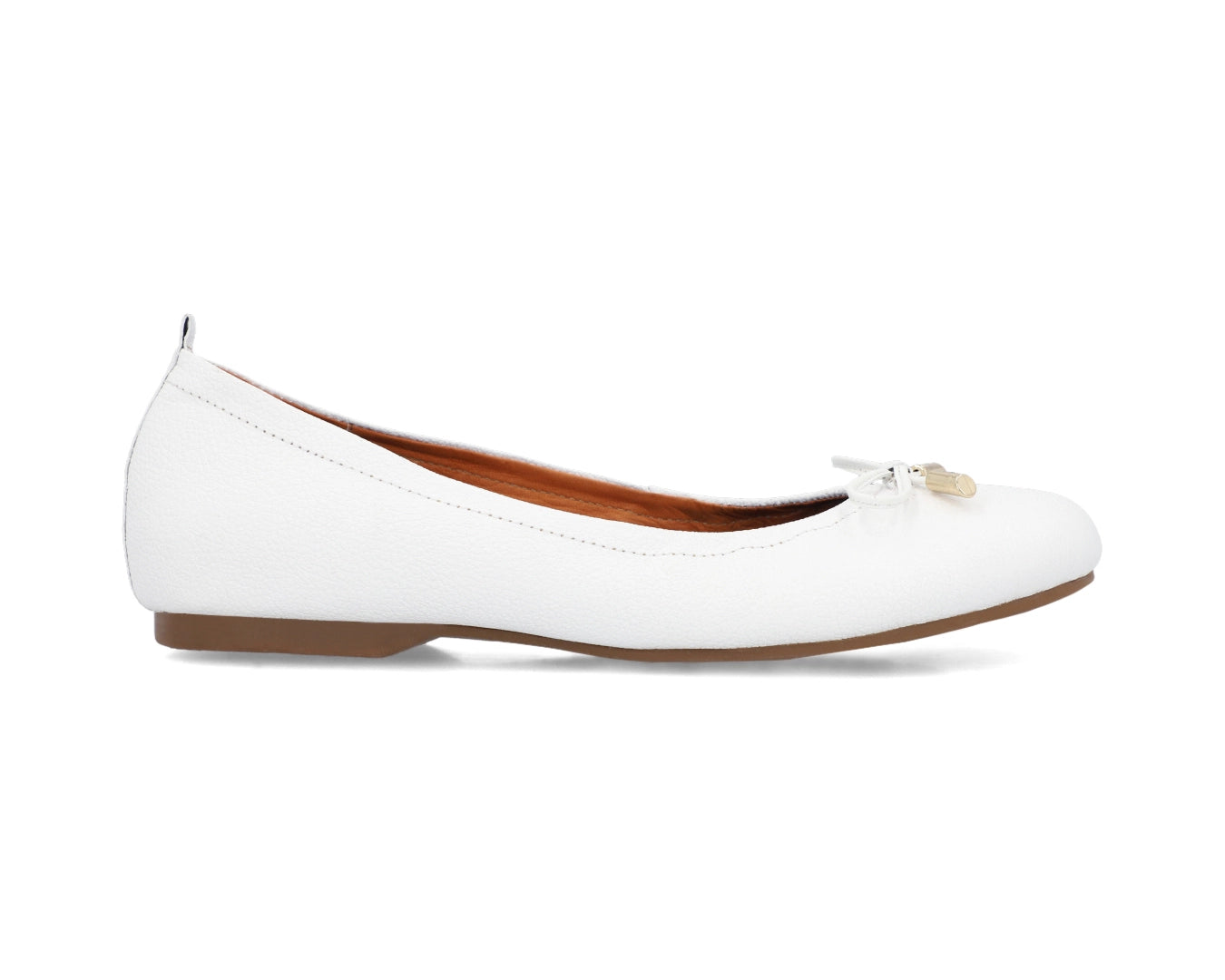 Side view of White full-grain leather ballet flats showcasing a semi-round toe and 24k-gold-plated-bows.