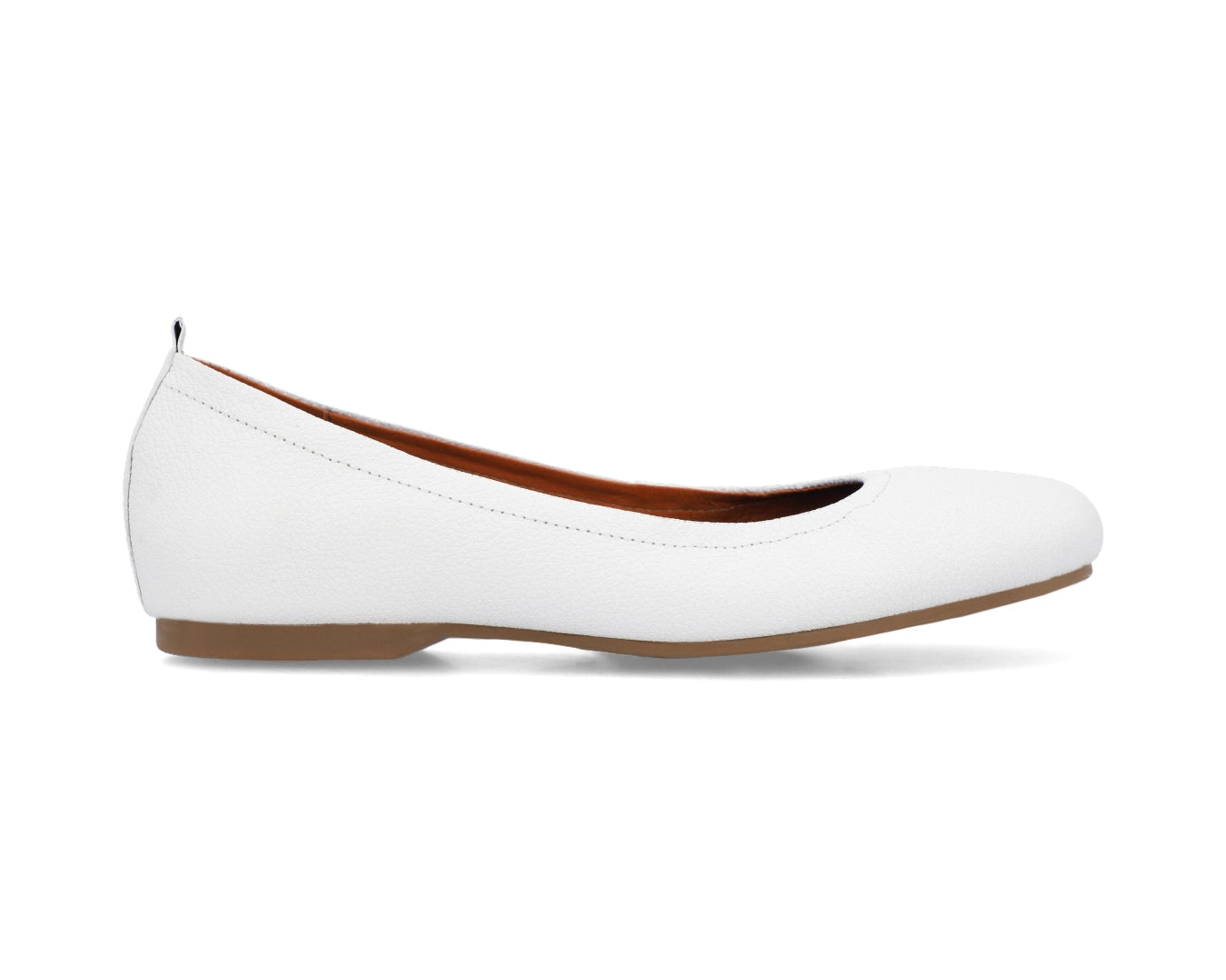 Side view of White Full-Grain Leather Ballet Flats showcasing a semi-round toe.