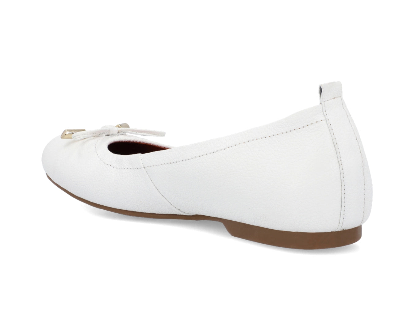 Three-quarter back view of White full-grain leather ballet flats with a semi-round toe and 24k-gold-plated-bows.