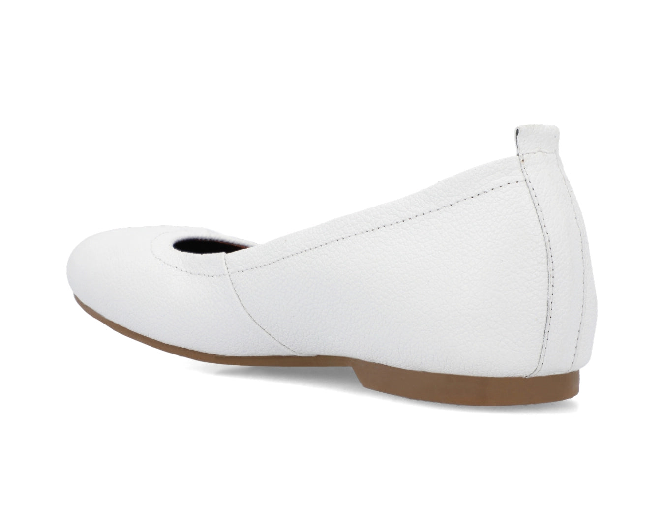 Three-quarter back view of White Full-Grain Leather Ballet Flats with a semi-round toe.