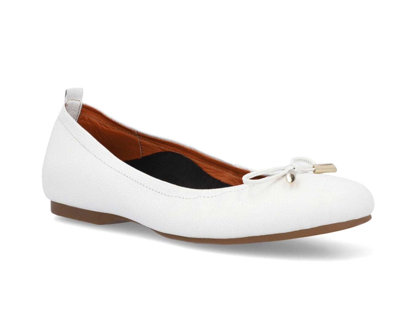 Three-quarter front view of White full-grain leather ballet flats with a semi-round toe and removable BLACK FlexiComfort orthotic for flat feet and 24k-gold-plated-bows.
