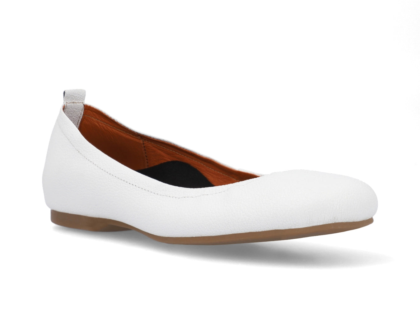 Three-quarter front view of White Full-Grain Leather-Ballet Flats with a semi-round toe and removable BLACK FlexiComfort orthotic for flat feet.