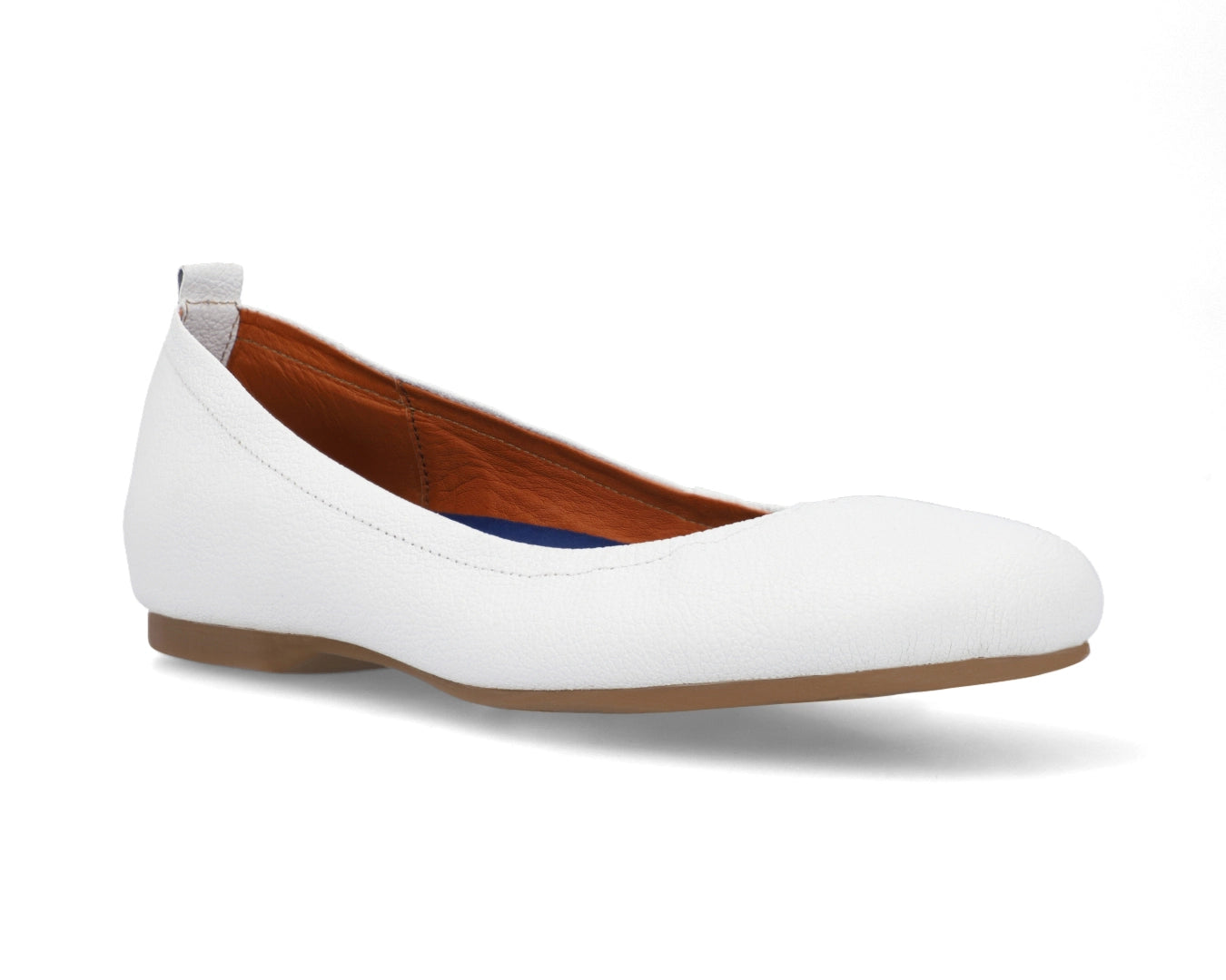 Three-quarter front view of White Full-Grain Leather Ballet Flats with a semi-round toe and removable BLUE ComfortFlex orthotic for feet without problems.