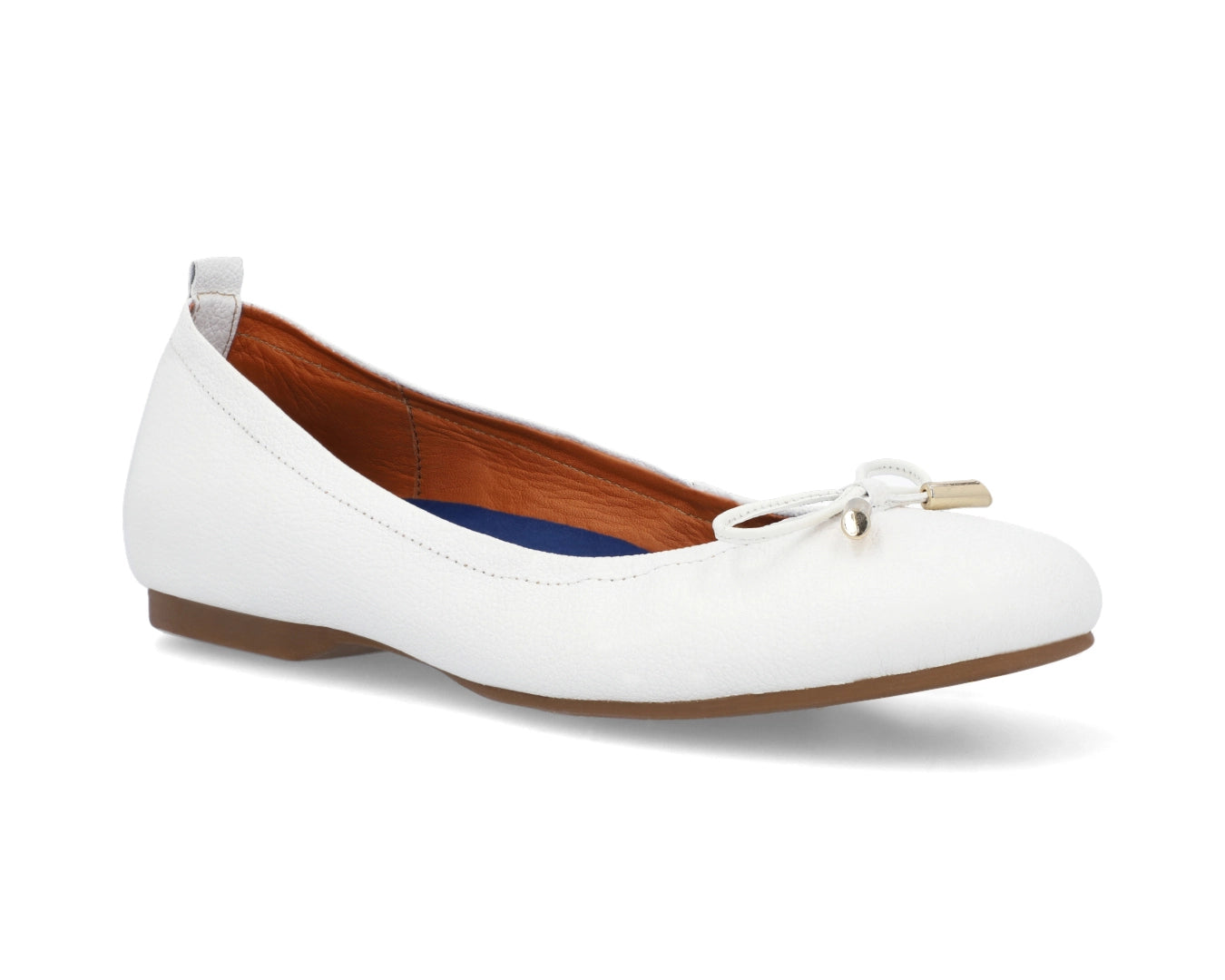 Three-quarter front view of White full-grain leather ballet flats with a semi-round toe and removable BLUE ComfortFlex orthotic for feet without problems and 24k-gold-plated-bows.