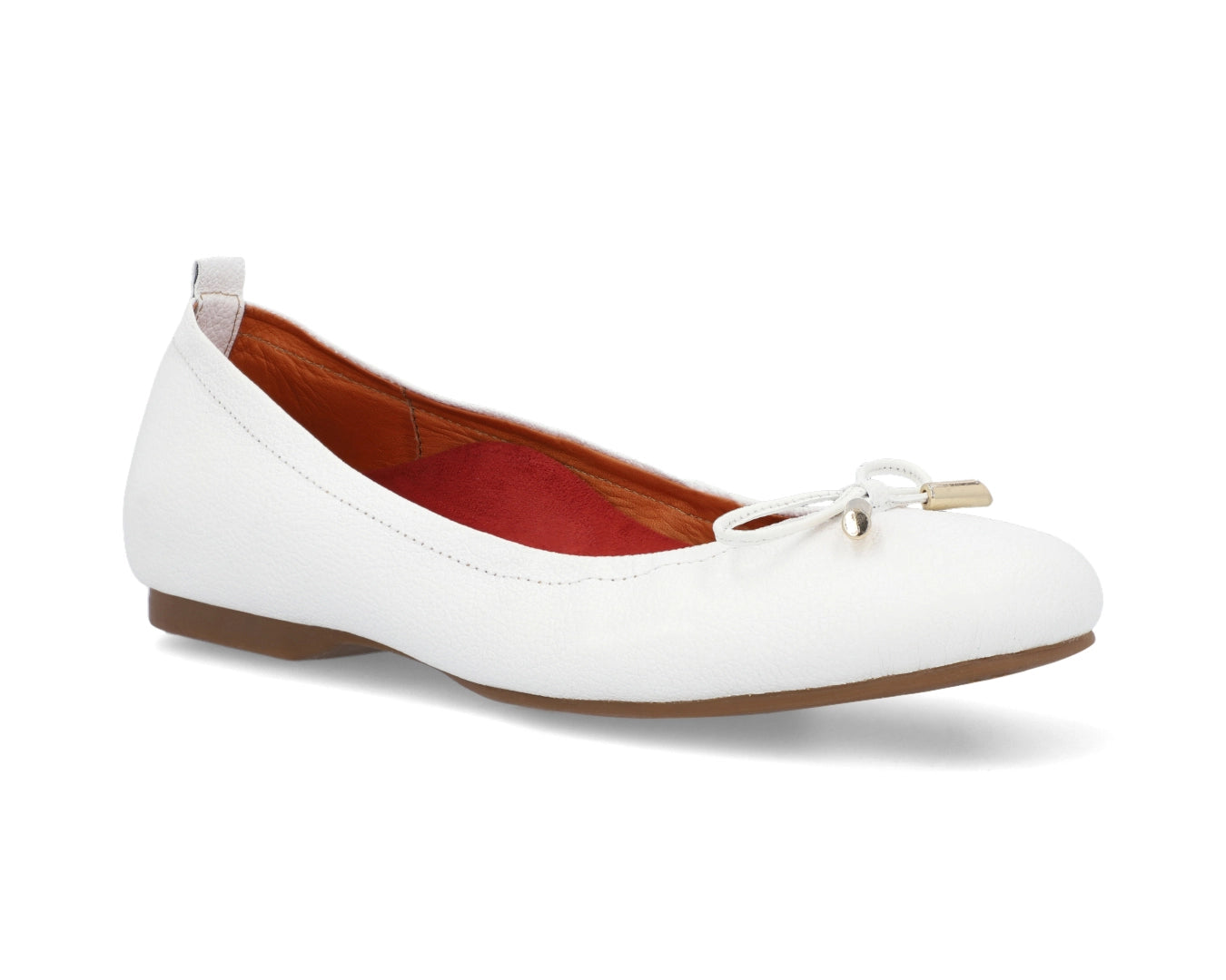 Three-quarter front view of White full-grain leather ballet flats with a semi-round toe and removable RED ArchSupport orthotic for flat feet, calcaneal spurs, and plantar fasciitis and 24k-gold-plated-bows.