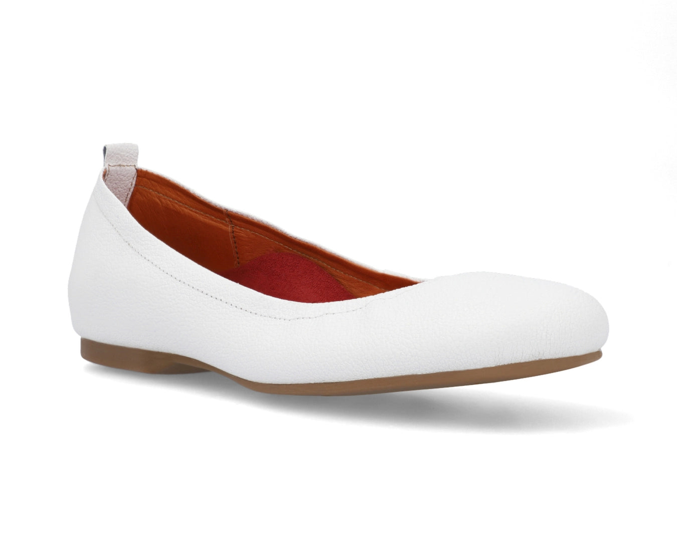 Three-quarter front view of White Full-Grain Leather Ballet Flats with a semi-round toe and removable RED ArchSupport orthotic for flat feet, calcaneal spurs, and plantar fasciitis.
