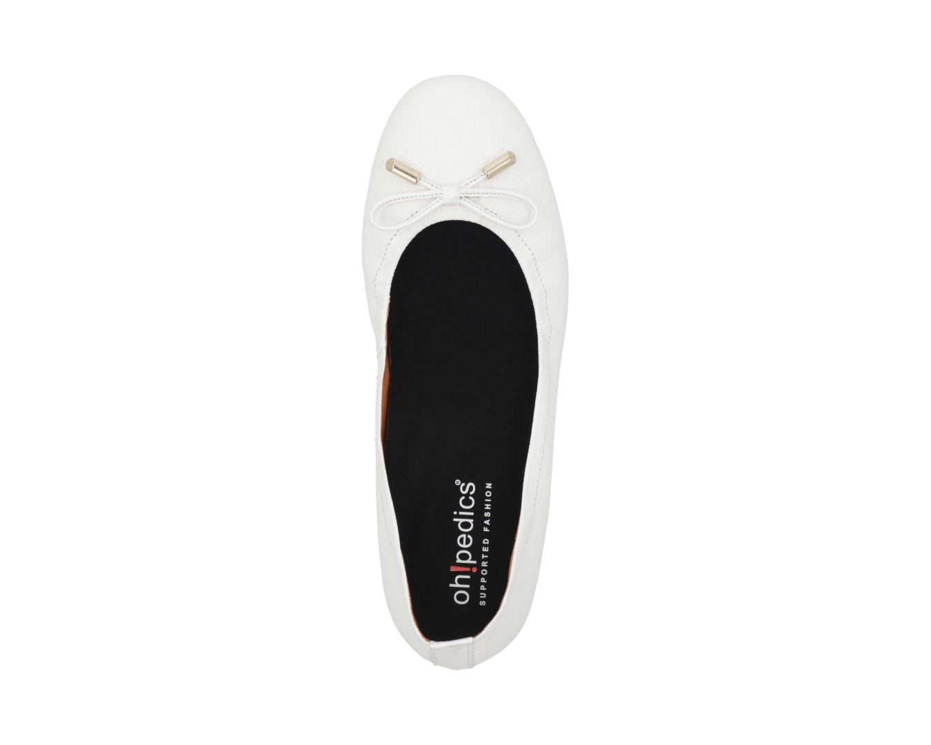 Top view of White full-grain leather ballet flats with a semi-round toe featuring removable BLACK FlexiComfort orthotic for flat feet and 24k-gold-plated-bows.