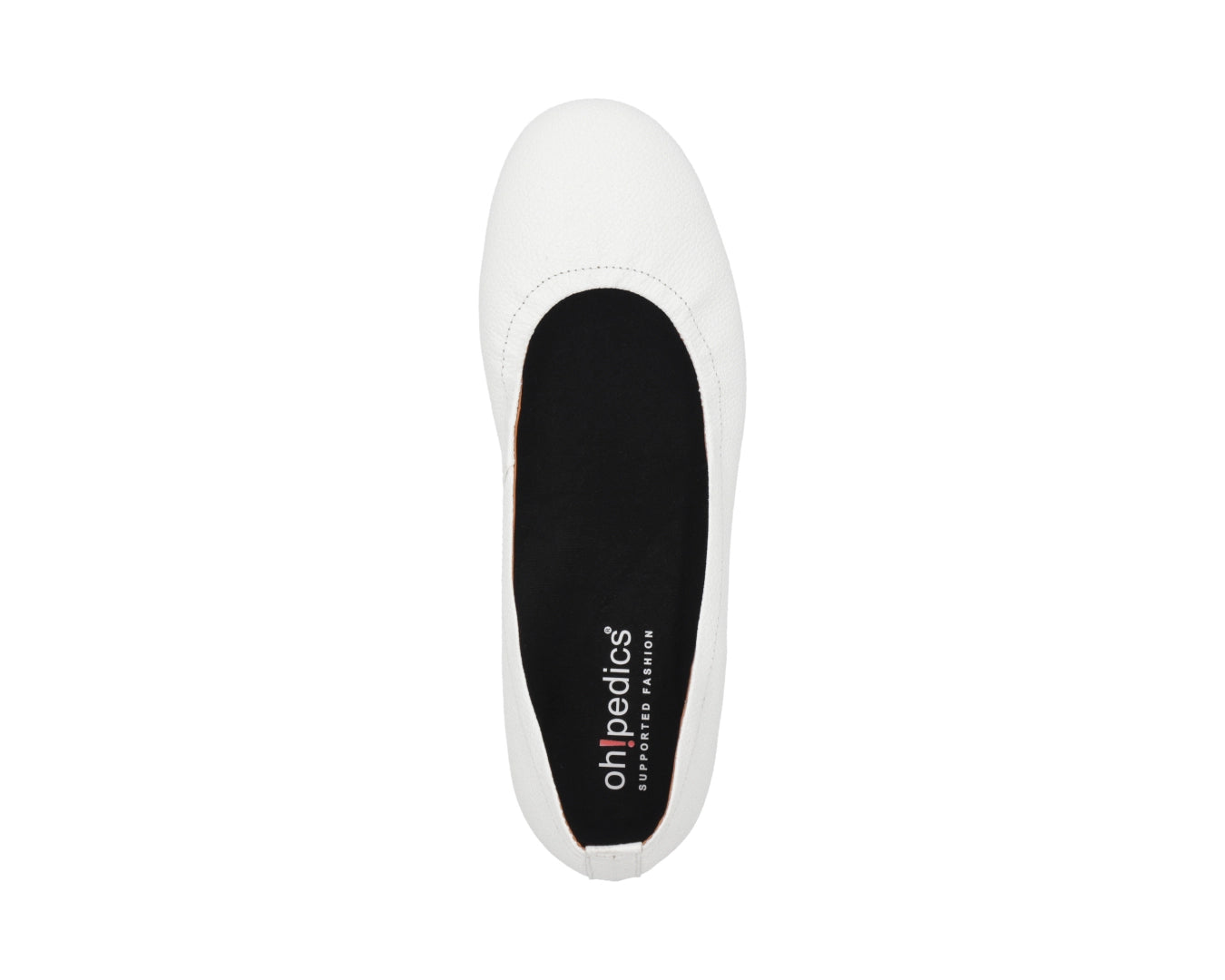 Top view of White Full-Grain Leather Ballet Flats with a semi-round toe and removable BLACK FlexiComfort orthotic for flat feet.