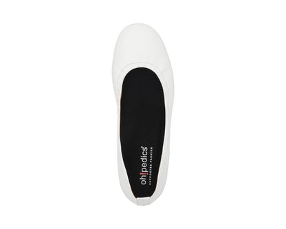 Top view of White Full-Grain Leather Ballet Flats with a semi-round toe and removable BLACK FlexiComfort orthotic for flat feet.