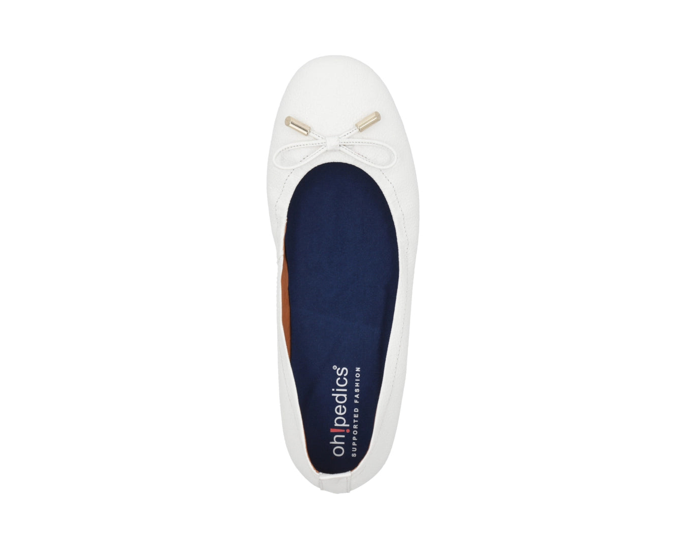Top view of White full-grain leather ballet flats with a semi-round toe and BLUE ComfortFlex orthotic for feet without problems and 24k-gold-plated-bows.