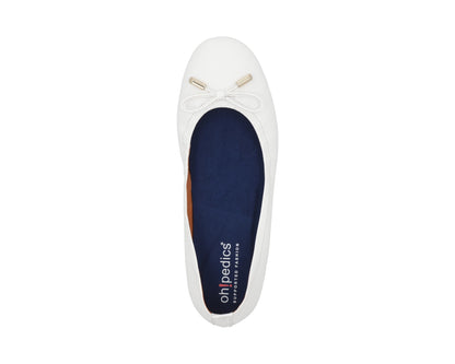 Top view of White full-grain leather ballet flats with a semi-round toe and BLUE ComfortFlex orthotic for feet without problems and 24k-gold-plated-bows.