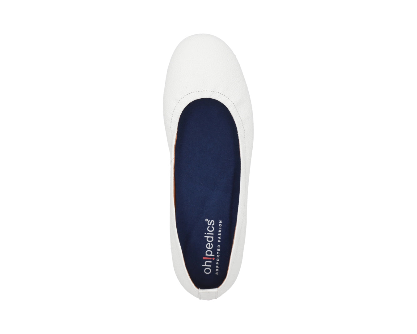 Top view of White Full-Grain Leather Ballet Flats with a semi-round toe and BLUE ComfortFlex orthotic for feet without problems.