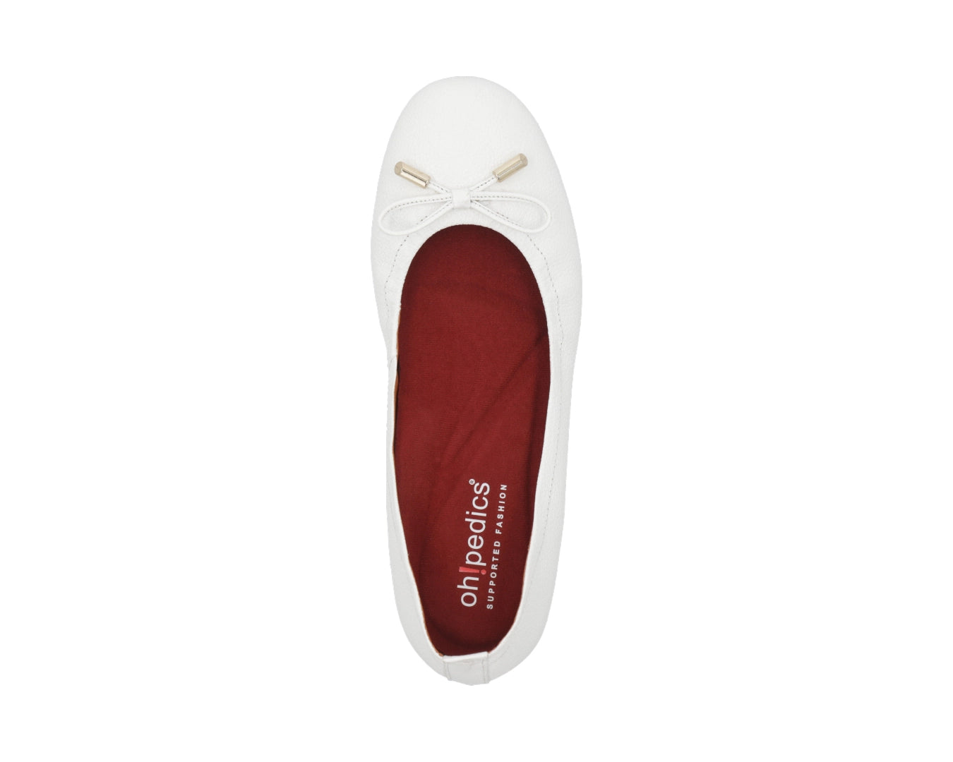 Top view of White full-grain leather ballet flats with a semi-round toe featuring RED ArchSupport orthotic for flat feet, calcaneal spurs, and plantar fasciitis and 24k-gold-plated-bows.