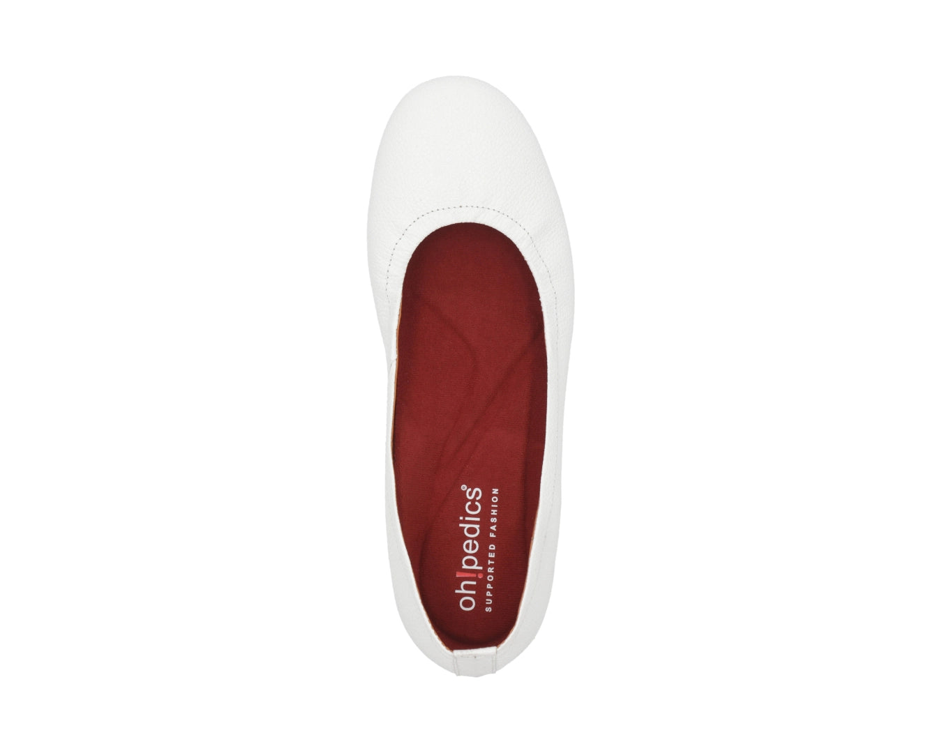 Top view of White Full-Grain Leather Ballet Flats with a semi-round toe and RED ArchSupport orthotic for flat feet, calcaneal spurs, and plantar fasciitis.