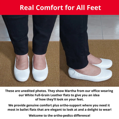 Martha from our office wearing White Full Grain leather orthopedic ballet flats, showing a front and side view. The image also includes descriptive text highlighting the genuine comfort, ortho-support, and elegant style of these flats.